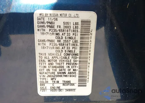 2007 Nissan Murano Sl from USA, damaged, VIN JN8AZ08WX7W619042